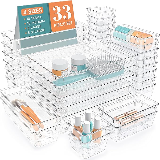33 PCS Clear Plastic Drawer Organizers Set, 4 Size Desk Drawer Organizer Trays for Makeup, Jewelry, Kitchen Utensils, Gadgets and Office Accessories