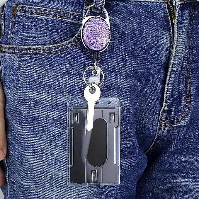 VIQWYIC Retractable ID Badge Holder with Clip, ID Name Badge Reels with Bling Rhinestones Retractable Card Holder for Office Worker Teacher Doctor Nurse (Purple)