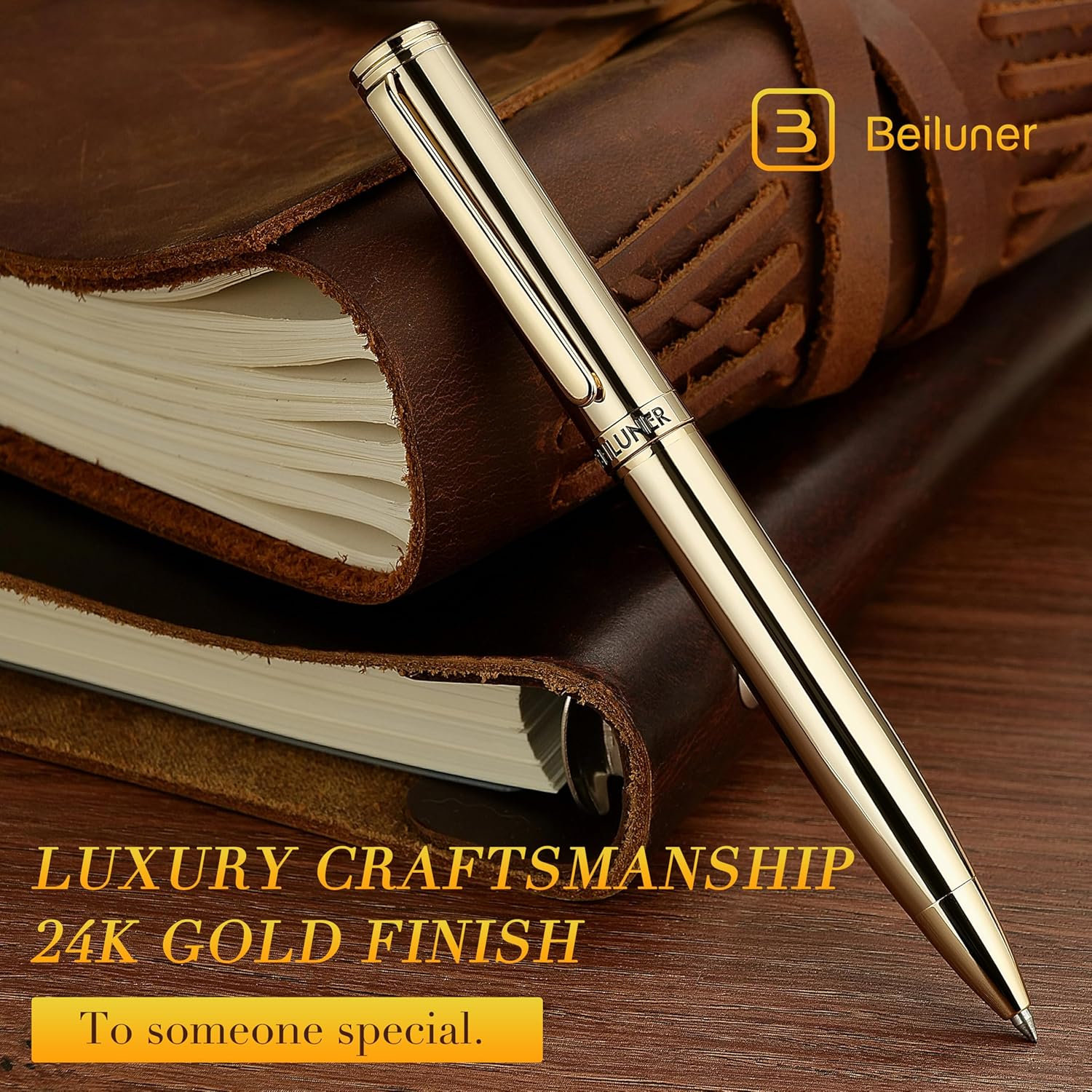 BEILUNER Gold Gel Pen, Stunning Luxury Pens with 24K Gold Plating, Black Ink Refill, Executive Gift Set for Family & Friends, Writing, Fancy, Office, Retractable, Graduation Gifts, Nice Designer Pens