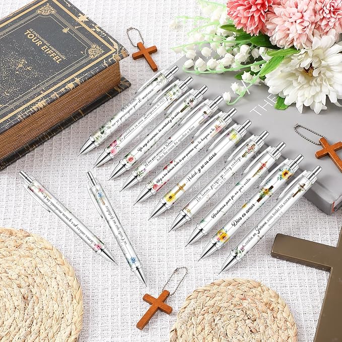24 Pcs Spanish Christian Pens Regalos Cristianos En Español Bible Verse Ballpoint Pens with Inspirational Quote Spanish Christian Gifts for Religious Church Office School (Wildflower)