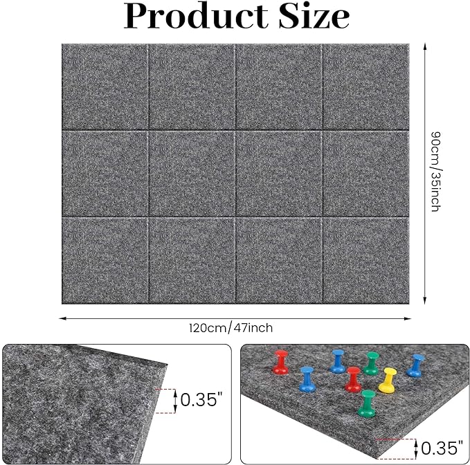 Large Office Cork Board Alternative - 47"x35"12 Pack Felt Wall Tiles Self-Adhesive Safe Removable No Damage for Wall Pin Board Tack Board Felt Cork Board for Walls or Office 48 x 36-Charcoal Grey