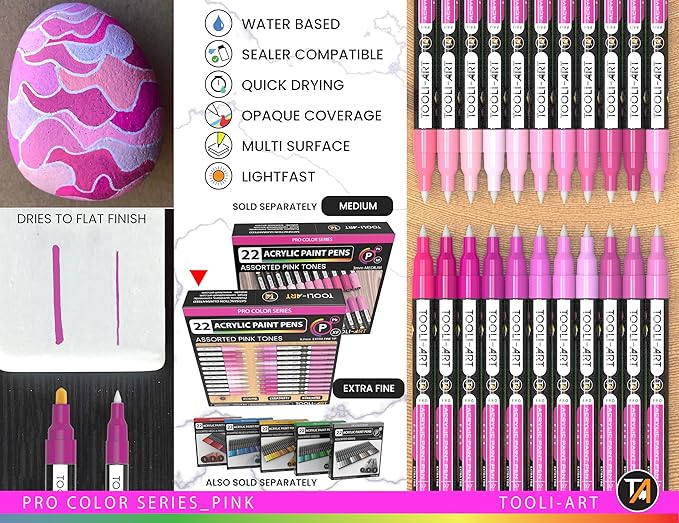 Acrylic Paint Pens 22 Pink Tones Assorted Pro Color Series Markers Set 0.7mm Extra Fine Tip for Rock Painting, Glass, Mugs, Wood, Metal, Canvas, Projects, Non Toxic, Waterbased, Quick Drying