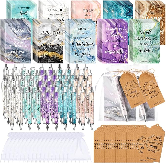 200 Pcs Bible Verse Sets Church Christian Gift Include 50 Scripture Notebooks 50 Bible Bamboo Pens 50 Thanks Tags 50 Organza Bags for Women Man Christian Party Gifts(Elegant Color,Marble)