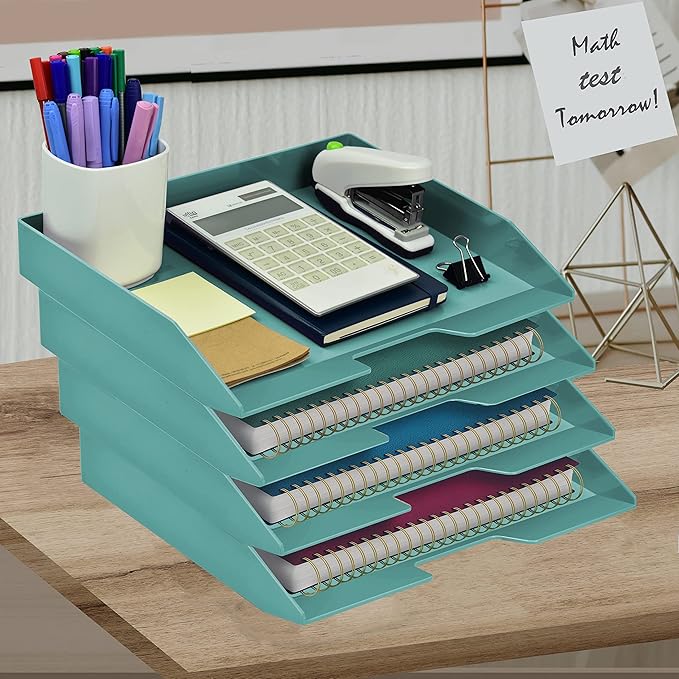Acrimet Stackable Letter Tray 4 Tier Side Load, Plastic, Desktop File Organizer (Solid Green Color)