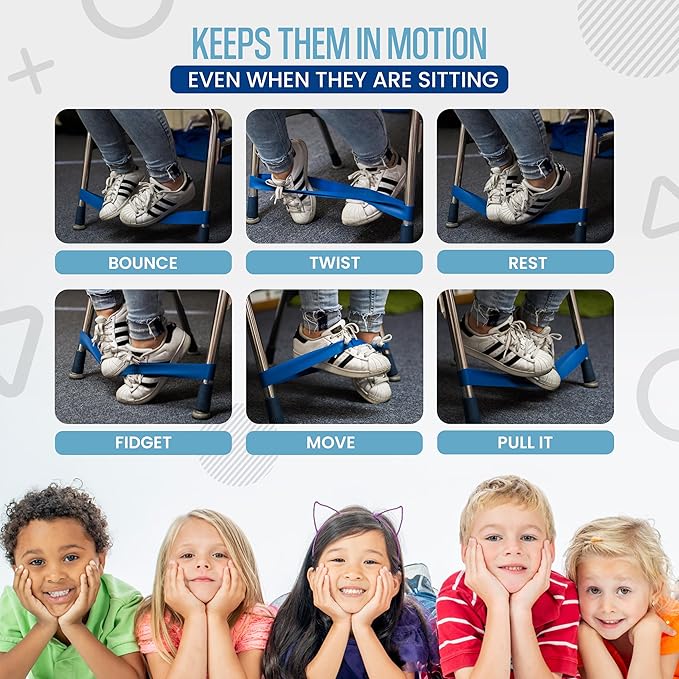 Chair Bands for Kids with Fidgety Feet - Fidget Bands for Classroom Chairs, Feety Bands, Sensory Flexible Bands, ADHD Chair Bands for kids, Anti-Snap Bands for Desk and Seats Blue (Pack of 24)