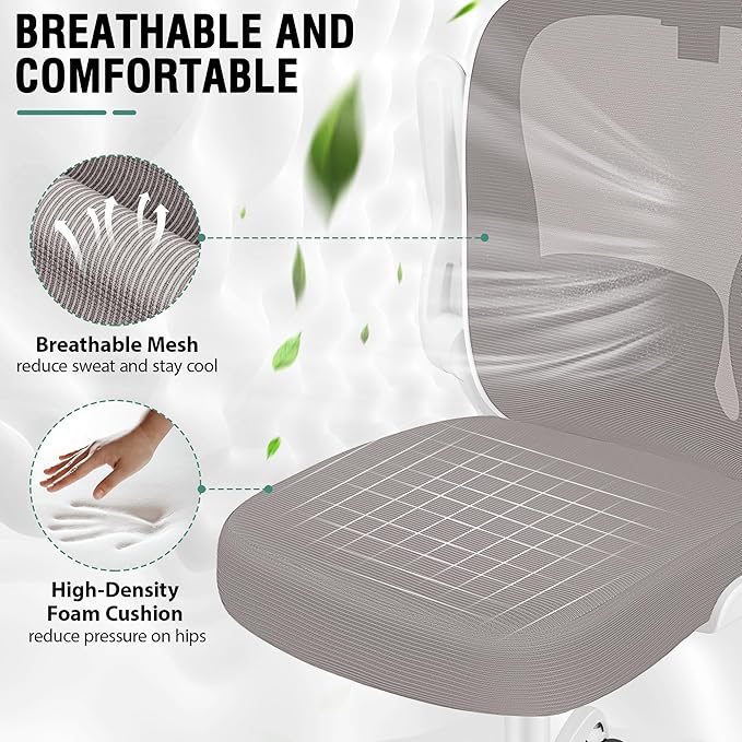 Office Chair, Ergonomic Office Chair with 3D Lumbar Support 3D Headrest, Comfy High Back Home Desk Chairs, Breathable Mesh Computer Chairs with Flip-Up Armrests & Hanger(Gray)