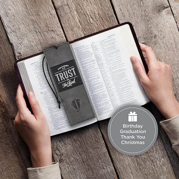 Christian Art Gifts Black Charcoal Gray Faux Leather Bookmark for Men: Trust in the Lord - Proverbs 3:5 Inspiring Bible Verse, Heat-debossed w/Silver Foil Accents Cross, Shield and Sturdy Leather Cord