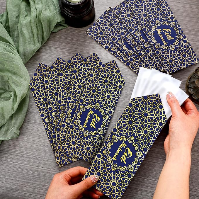 Sinmoe 72 Pcs Eid Al Adha Money Envelopes Bulk 6.7 x 3.2 inch Gold Foil Cash Gift Card Ramadan Lucky Cash Envelope Cash Set for Eid Holiday Currency Celebration Decorations (Blue)