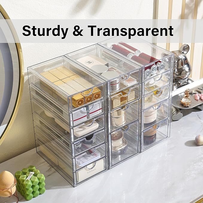 Prsildan Acrylic Drawer Organizer with 15 Drawers, Makeup Craft Office Desk Organizers Accessories, Set of 3 Clear Stackable Storage Drawers for Vanity, Countertop, Jewelry, Art Supply Organization