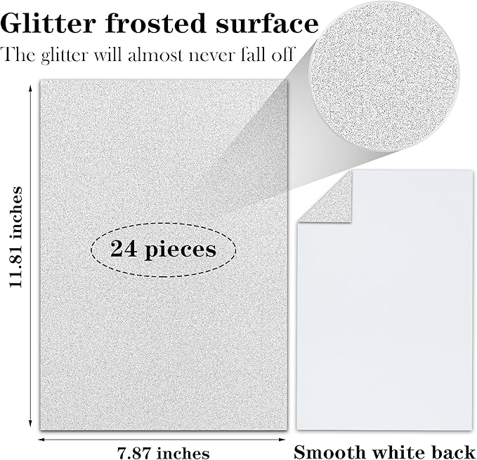 24 Sheets Silver Glitter Cardstock Paper, A4 Premium Sparkly Paper for Scrapbook, DIY Projects, Party Decoration, Gift Box Wrapping 250GSM/92lb