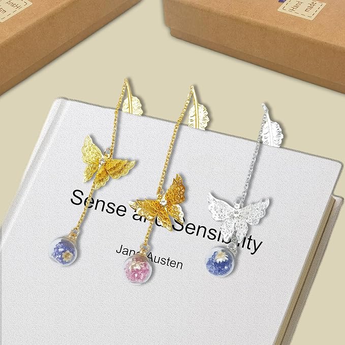 Metal Feather Butterfly Bookmark - Ideal Retirement, Birthday, and Teacher Gifts for Women, Readers, and Book Lovers (Golden.Pink White Flower)