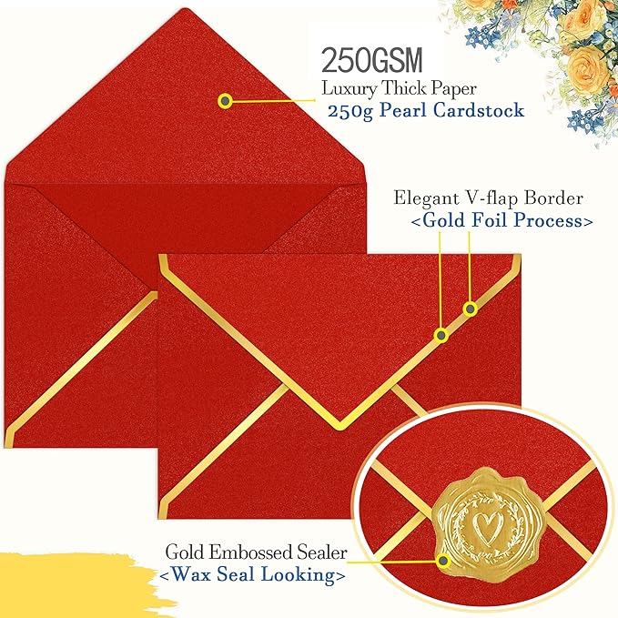 60 Pack Gold Envelopes 5x7 Bluk Red, 250G Pearled Cardstock A7 Envelopes for Invitations Business Mailing Envelope with Gold Foil Border, A6 4x6 Envelopes for Wedding Baby Shower Cards
