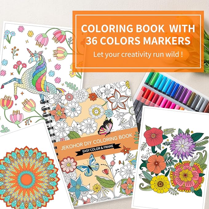 Adult Coloring Book Set,Spiral Bound Coloring Book for Adults Relaxation with 36 Colors Markers, Anxiety Relief Gifts with 30 Patterns Included Mandala Animal Flowers