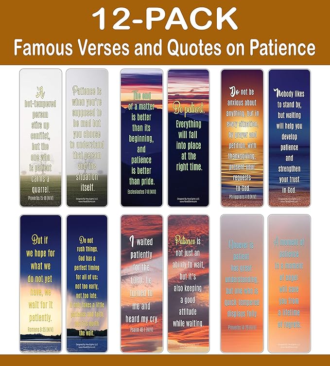 NewEights Famous Verses and Quotes on Patience Bookmarks (12-Pack) – Daily Motivational Card Set – Epic Collection Set Book Page Clippers – Cool Gifts for Men, Women – Bible Verses Sayings