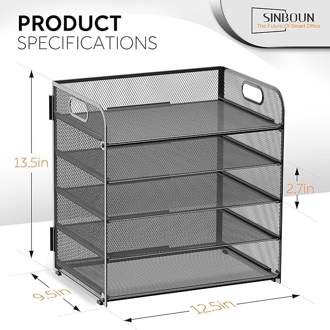 Letter Tray Paper Organizer 5-Tier Desk Organizer File Organizer Paper Holder with Handle, Metal Desktop Document Shelf Tray Office Classroom Organization - Black