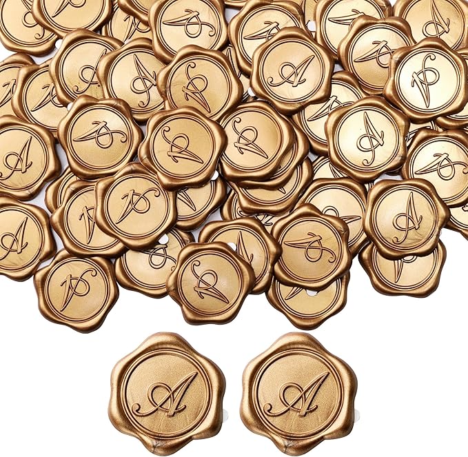Yoption Initial A Wax Seal Stickers, 100 Pack Antique Gold Self Adhesive Envelope Seal Stickers for Wedding Party Birthday Christmas (A)
