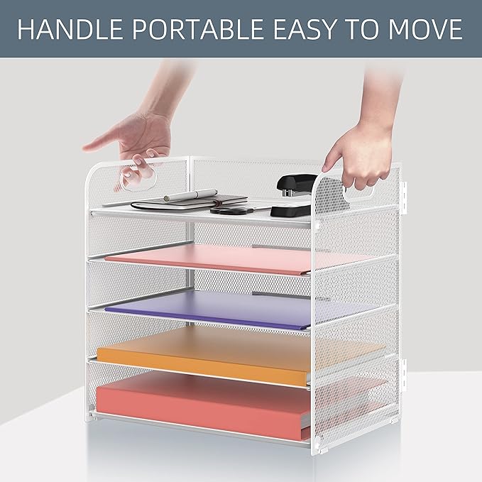 Supeasy 5 Trays Paper Organizer Letter Tray with Handle-Mesh Desk File Organizer, Paper Sorter Desk Organizer for Office, Home or School