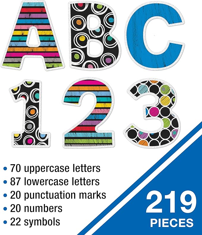 Carson Dellosa 219-Piece 4 Inch Colorful Chalkboard Cutout Letters for Bulletin Boards, Numbers, Punctuation & Symbols, Multi-Pattern Bulletin Board Letters, Classroom Letters for Bulletin Board