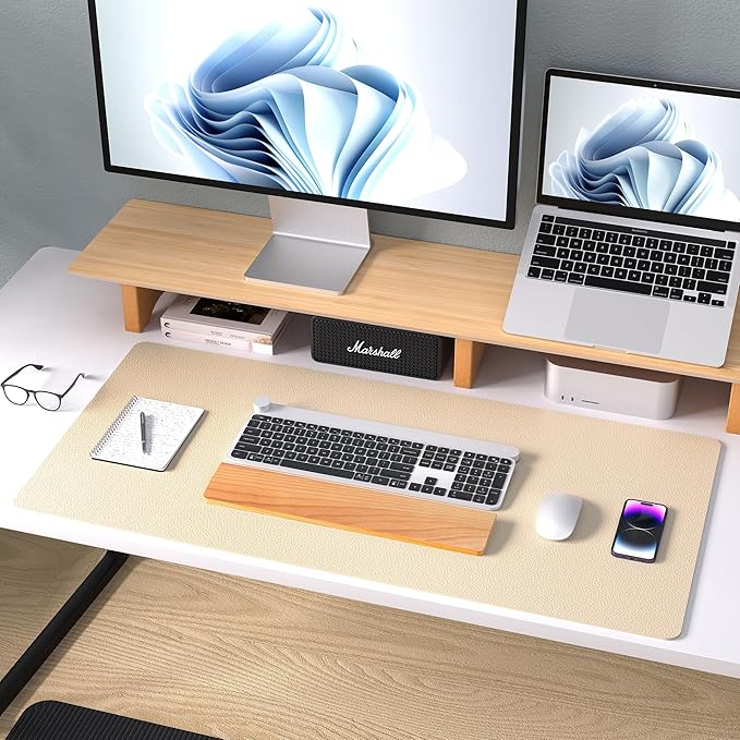 Aothia Leather Desk Pad Protector, Large Mouse Pad, Office Mat, Non-Slip PU Leather Blotter, Laptop Desk Pad, Waterproof Writing Pad for Office and Home (Beige, 23.6" x 13.7")