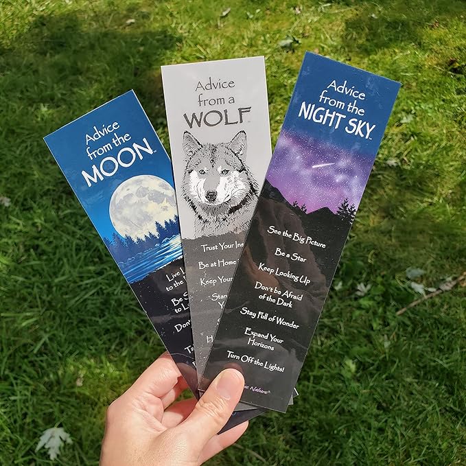 Advice from Nature 3 Bookmark Night Set, Laminated with Glossy Finish, Printed on Recycled Paper - Wolf, Moon, Night Sky (AMBM-NIGHT)