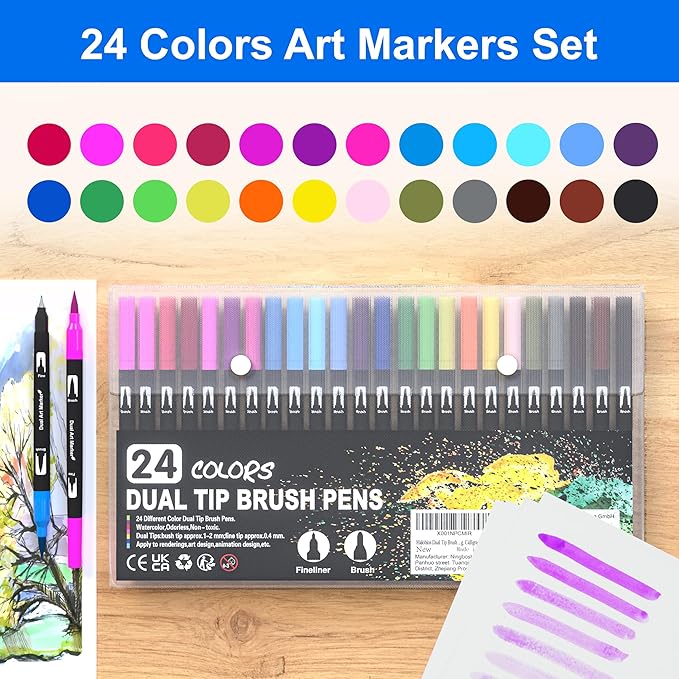 Dual Brush Marker Pens, 24 Colors Art Markers with Fine and Brush Tip Coloring Markers for Adults, Marker for Journaling Calligraphy Drawing Sketching Doodling Illustrating