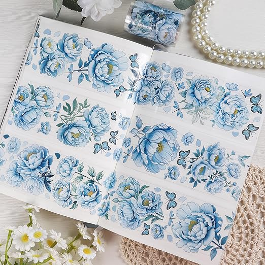 PET Tape Stickers for Journaling - Blue Flower Junk Journal Supplies Scrapbooking Tapes, Aesthetic Peony Flower Bullet Scrapbook Journal Stickers Tape, Decorative Tapes for Art Crafts