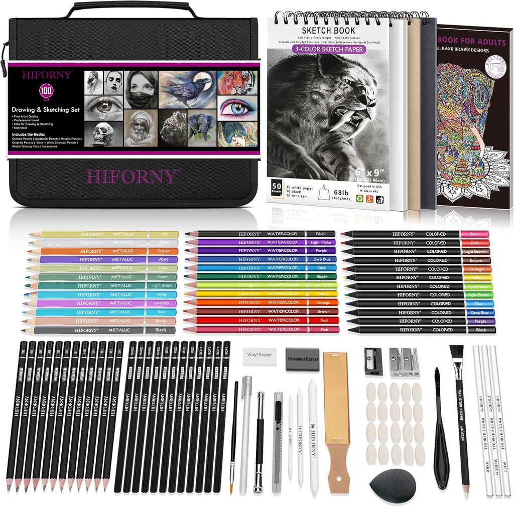 HIFORNY 100 PCS Drawing & Sketching Set, Professional Art Supplies with Graphite,Charcoal, Colored,Watercolor,Metallic Pencils,Blending Tools,Sketchbook and Coloring Book in Zipper Case (Black)