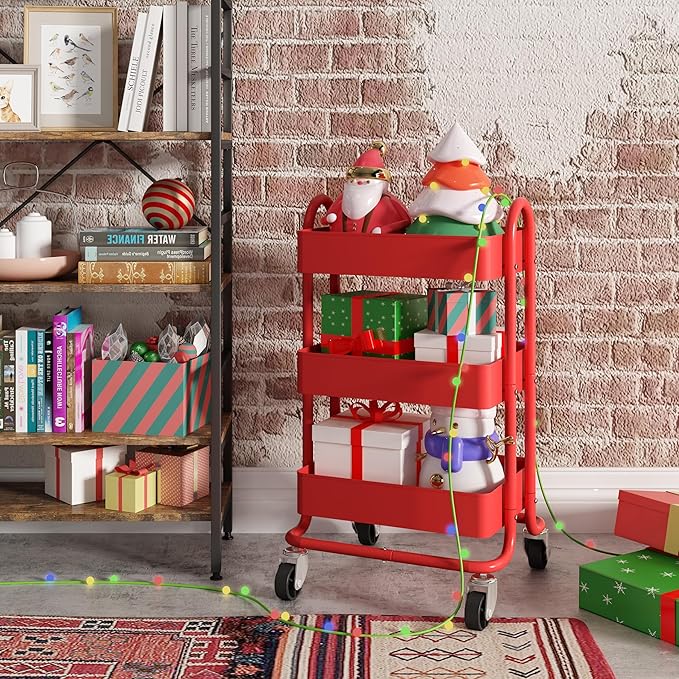 3-Tier Red Utility Rolling Cart,Kitchen Storage Carts with Wheels,Red Metal Rolling Cart for Office,Home,Kitchen,Garden（13.4"x18.1"x31"） Red