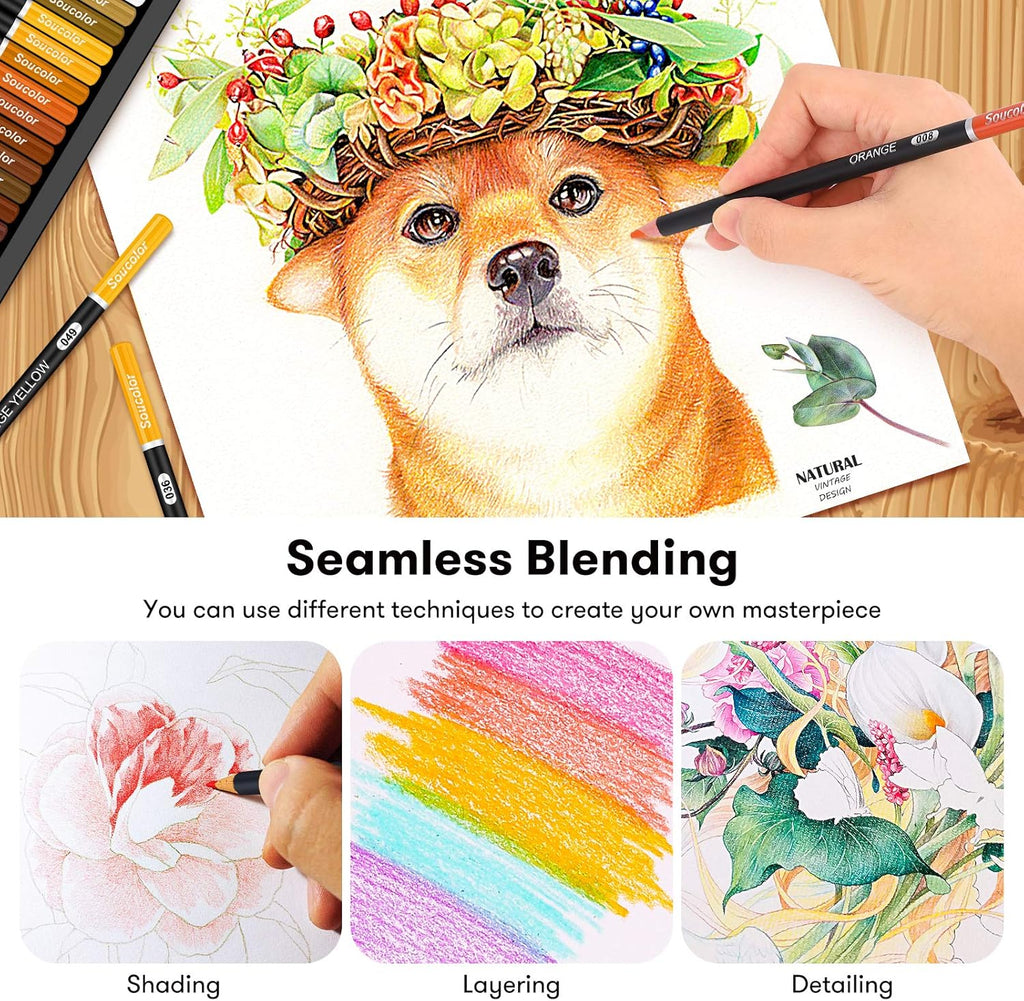 Soucolor 180-Color Artist Colored Pencils Set for Adult Coloring Books, Soft Core, Professional Numbered Art Drawing Pencils for Sketching Shading Blending Crafting, Gift Tin Box for Beginners Kids