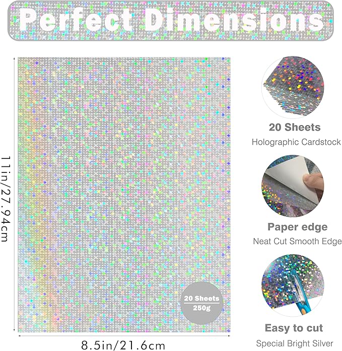Holographic Cardstock Paper 8.5x11, Glitter Shiny Iridescent Mirror Paper, Foil Metallic Paper for Crafts, Scrapbook, Birthday, Card Making, Party Decors (Pixel Silver, 250Gsm, 20 Sheets)