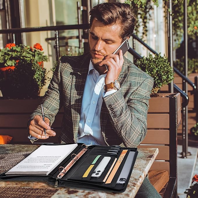 Free Engraved Name, Custom Portfolio, Genuine Leather Personalized Padfolio for Men, Engraved 3 Ring Binder Organizer, Business Portfolio with A4 Writing Pad, Handmade Customized Gifts, Black