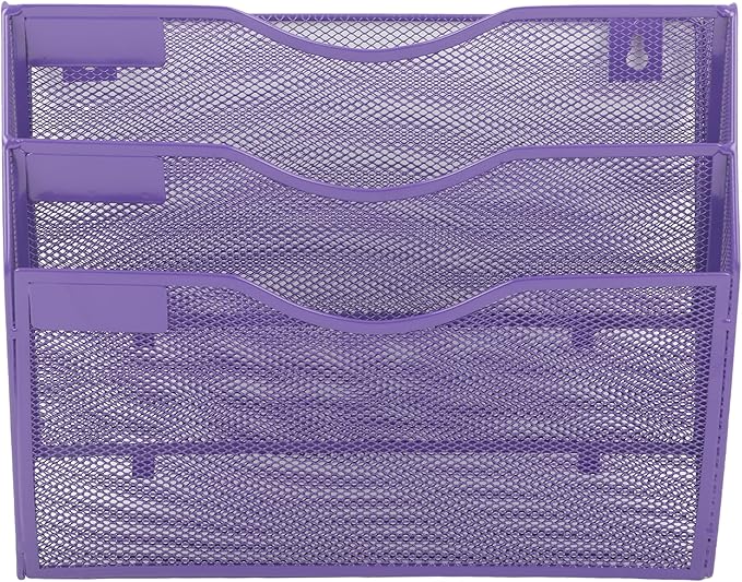 EASEPRES 3 Pocket Mesh Hanging Wall File Organizer, Wall Mounted Mail Paper Document Folder Holder, Clipboard Storage Organization Magazine Rack with Nametag Label for Office School Home, Purple