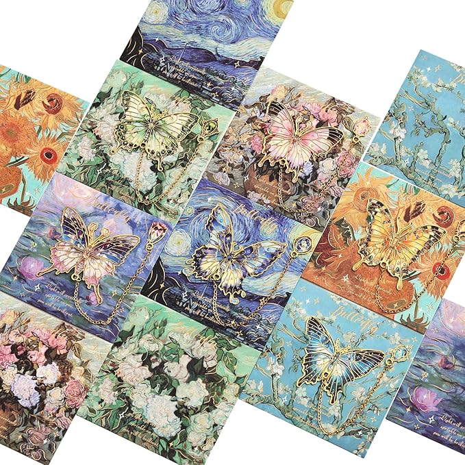 6 Pieces Metal Butterfly Bookmarks with Chain, Golden Hollow Bookmark Monet Van Gogh Oil Painting Theme Book Mark Bookmarks for Book Lovers Writers Readers Children Teens for Women