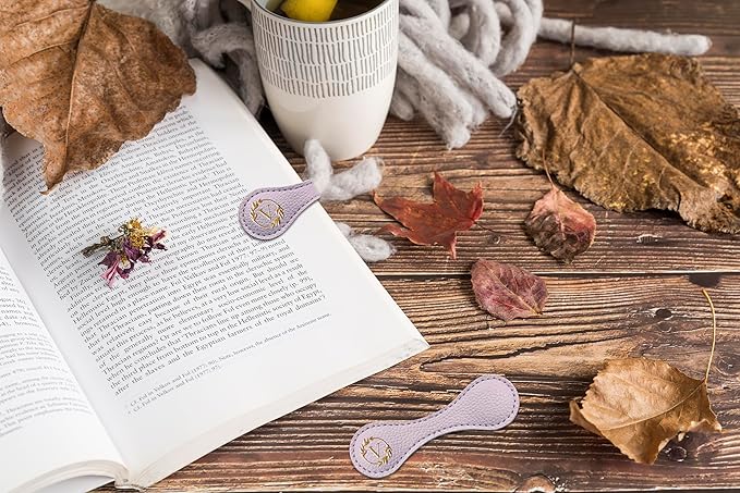 ABTOLS Magnetic Leather Initial Bookmarks, Vintage Initial ID Identification Book Marker Clip Gift Purple Capital Letter Book Markers for Book Lover Avid Readers (V)