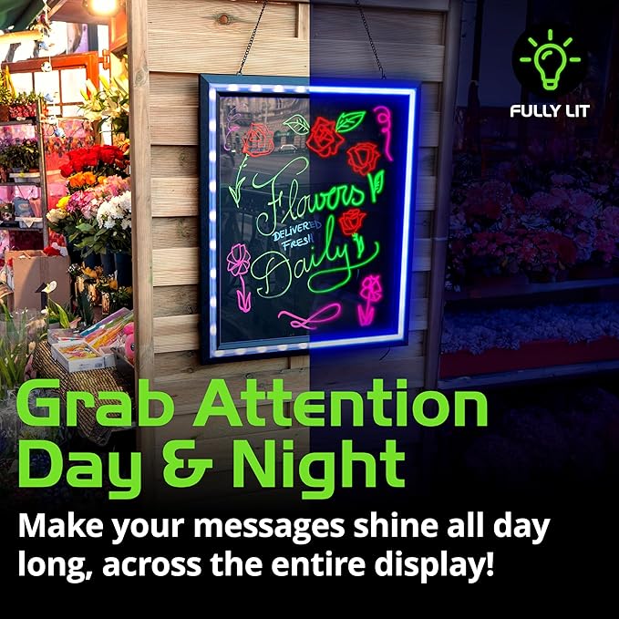 Green Light LED Message Writing Board with 8 Border Color Options, 23"L x 27"W