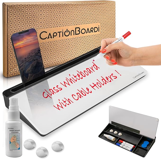 15-Inch Desktop Whiteboard - Glass Dry Erase Board for Desk Whiteboard with Stand with 3 Markers, Spray Bottle, 3 Cable Holders & Storage Box Work from Home Office Gadgets, Black & White