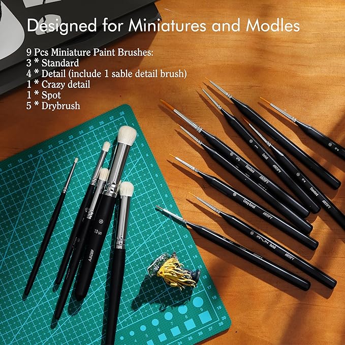 ARTIFY Miniature Drybrush Paint Brush Set: 14-Piece Round Small Detail Model Paintbrushes, Thin Mini Tiny Micro Paint Brushes for Miniature Painting