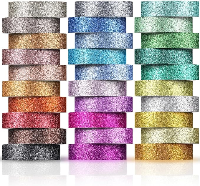Eaasty 30 Rolls Glitter Washi Tape Colored 66 Yard Rainbow Metallic Tape Decorative Adhesive for Art Scrapbook DIY Craft Projects Gift Wrapping Decor
