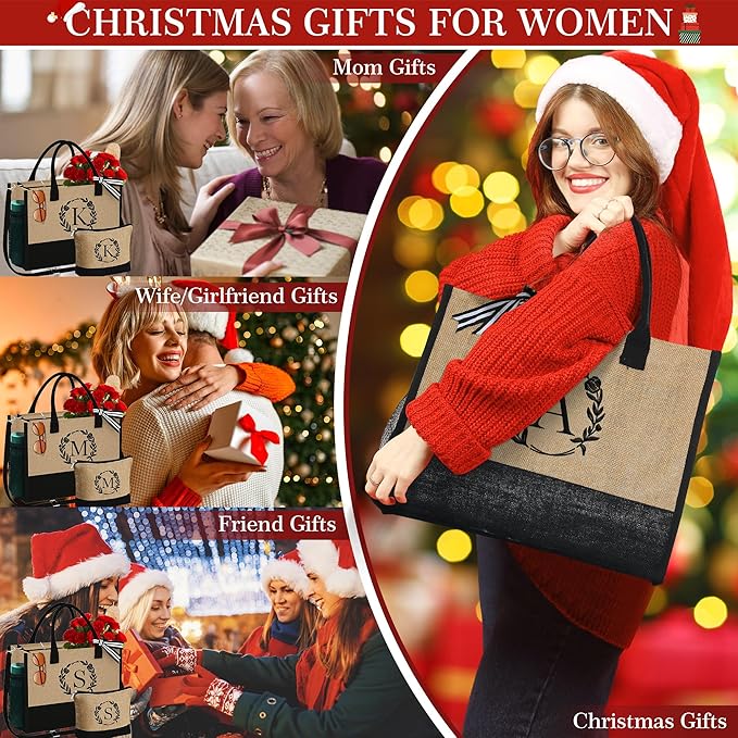 YOOLIFE Christmas Gifts for Women - Initial Tote Bag & Makeup Bag, Birthday Gifts for Women Mom Teacher Friend Christmas Gift