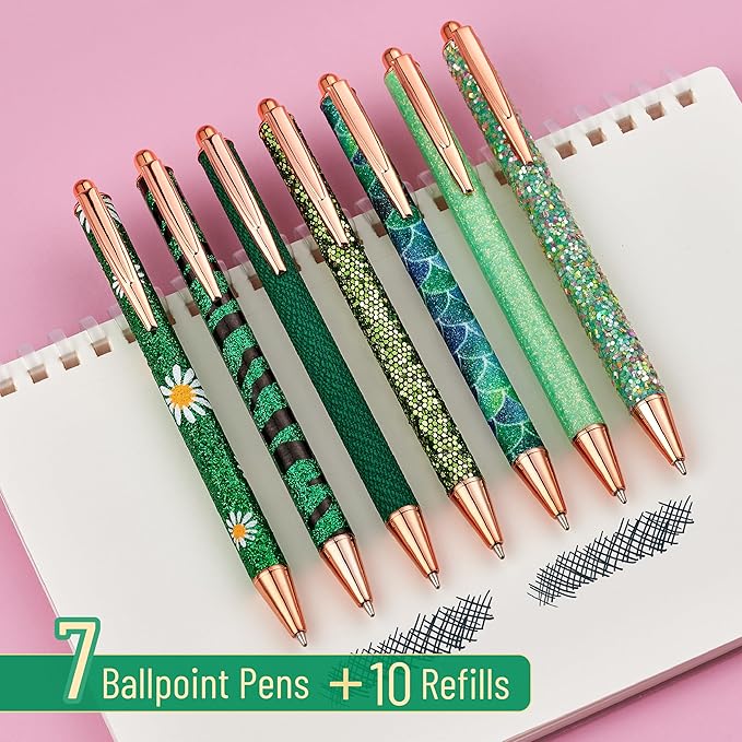 Mr. Pen- Fancy Pens for Women, Emerald Enchantment, 7 Black Ink Ballpoint Pens with 10 Refills, 1.0mm, Glitter Cute Pens for Journaling, Sparkly Fancy Pen, Easter Gift