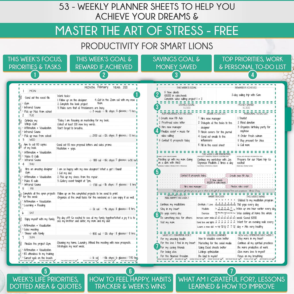 Life Planner - Undated Daily, Weekly & Monthly Planner with Budget Section | A 12 Month Journey to Increase Productivity & Happiness | Life Organizer & Gratitude Journal - Horizontal Format