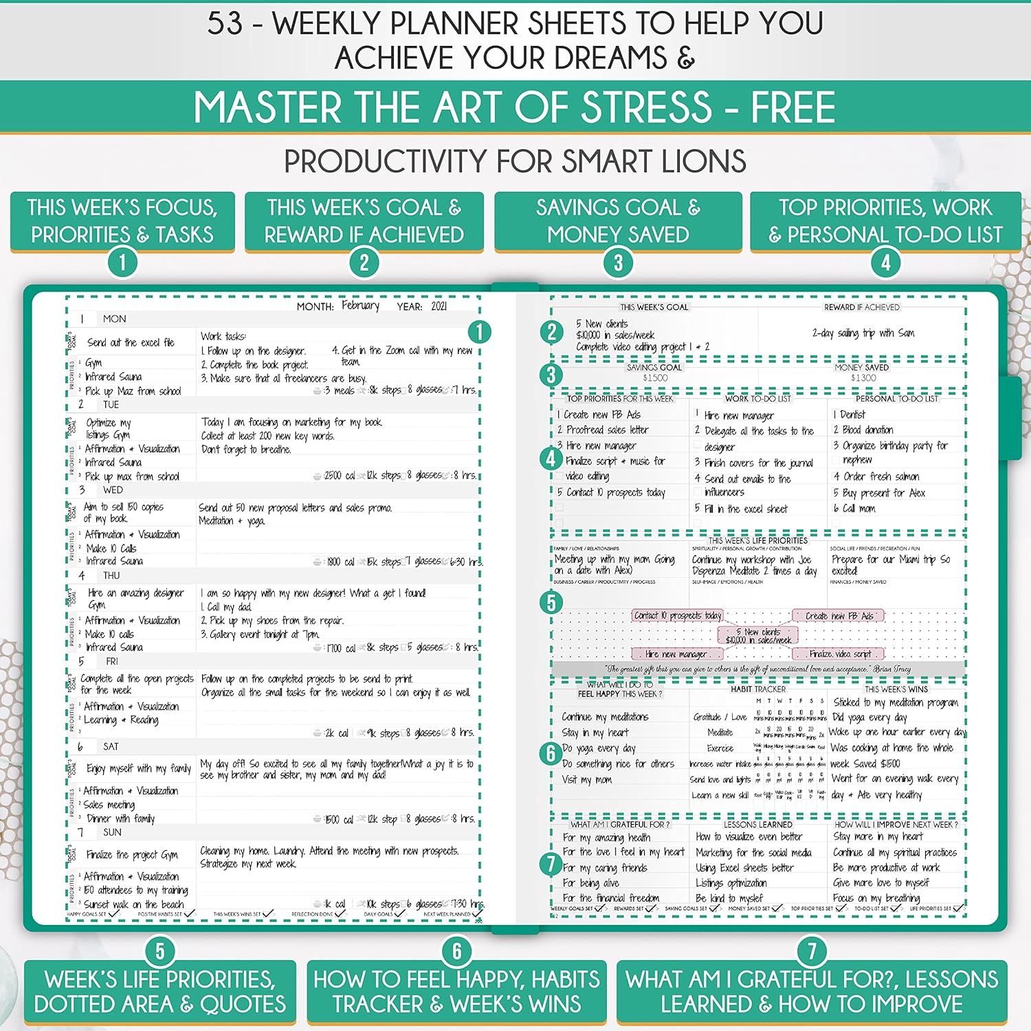 Life Planner - Undated Daily, Weekly & Monthly Planner with Budget Section | A 12 Month Journey to Increase Productivity & Happiness | Life Organizer & Gratitude Journal - Horizontal Format