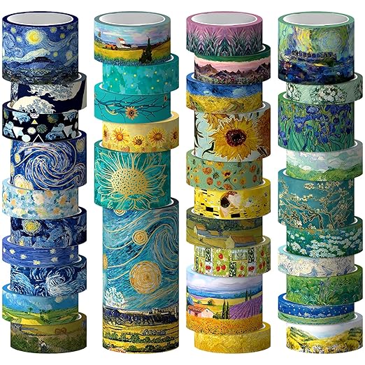 Washi Tape Set, 36 Rolls Van Gogh Vintage Gold Washy Tape, Wide Decorative Tape for Journaling, Scrapbooking Supplies,Vision Board Supplies, 6 Sizes Craft Watercolor Tape