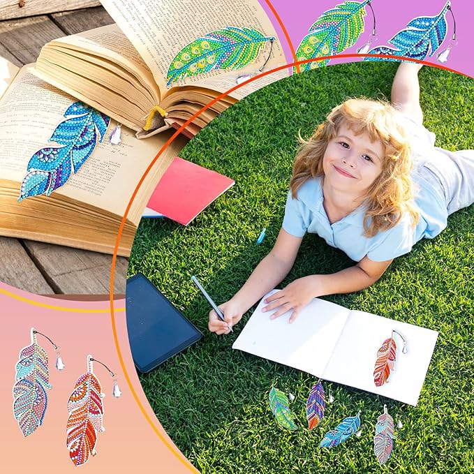 8 Pcs 5D Diamond Painting Bookmarks Kits DIY Feather Bookmark Diamond Art Bookmarks Crystal Shaped Diamond Feather Bookmark for Home Office Project