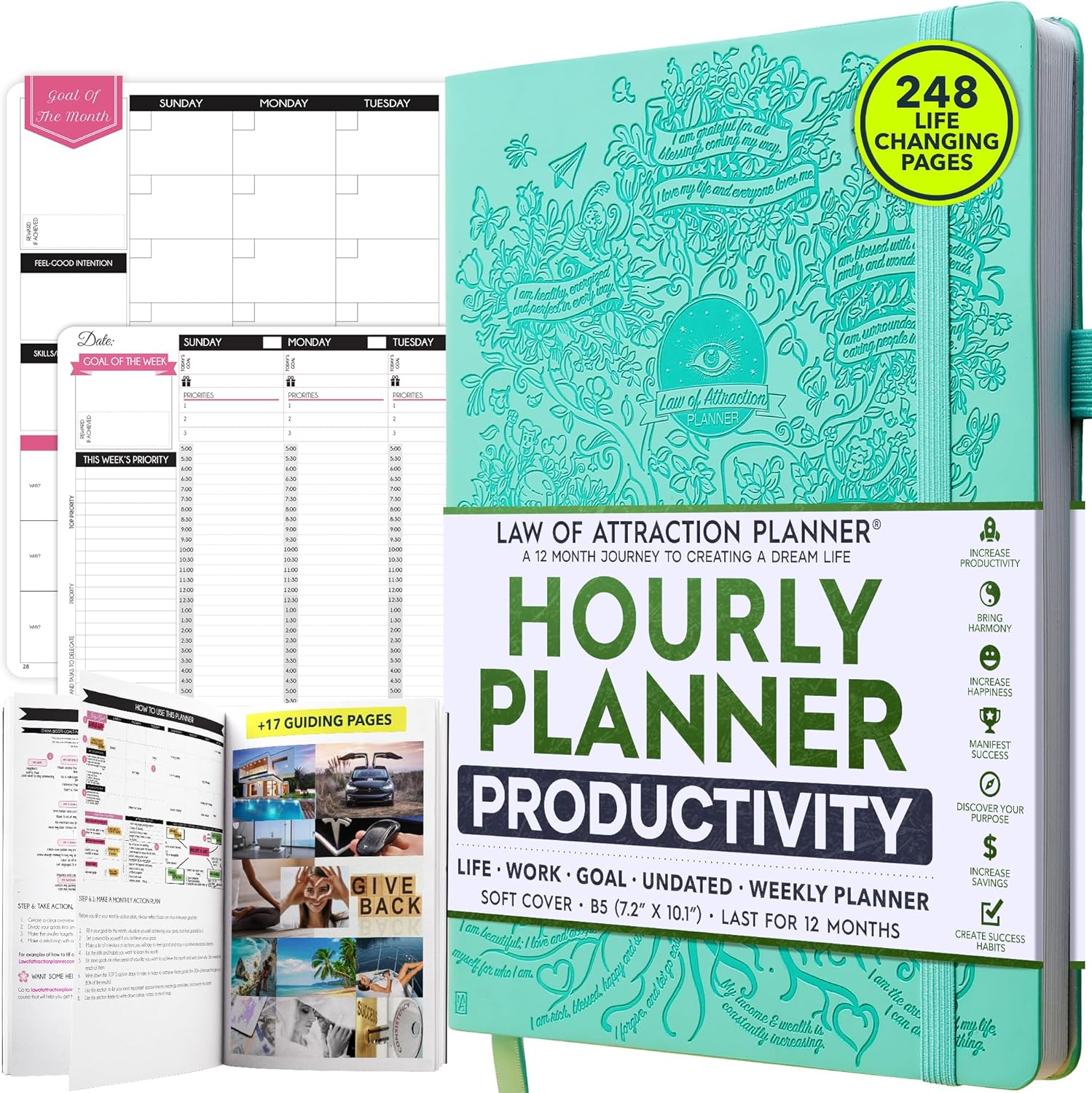 Hourly Planner – Undated Weekly & Monthly Goal Setting Planner, 12-Month to Increase Productivity | Life & Gratitude Journal, Include Foldable Vision Board, Gift Box & Stickers