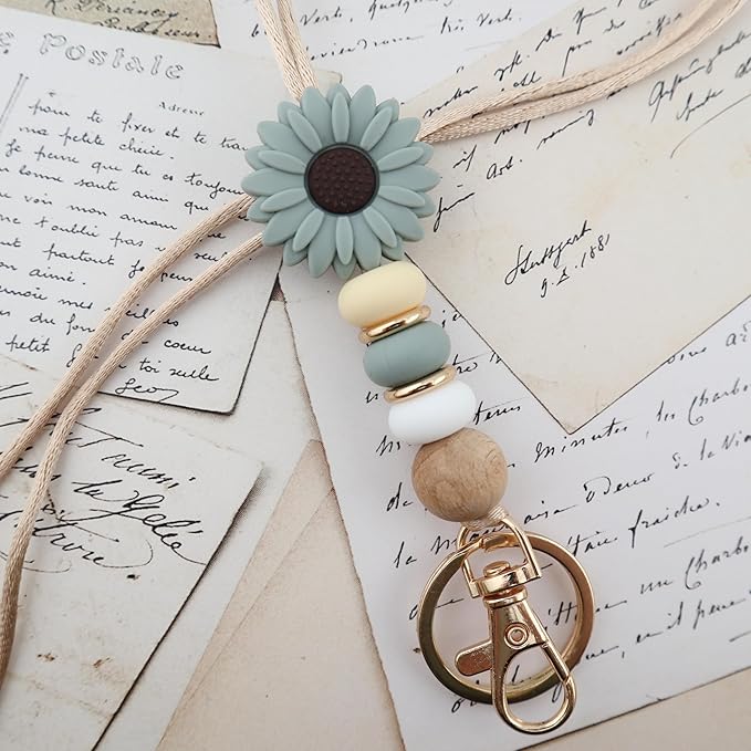 Flower Teacher Lanyards ID Badge and Key Chain, Cute Silicone Beads Lanyard for Women Nurse Work Student (Green)