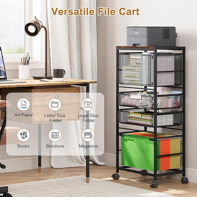 EasyPAG Rolling File Cart with Wheels Letter & Legal Size Hanging File Folder Rack Mobile File Folder Rack with Pull-Out Drawer for Home Office, Black