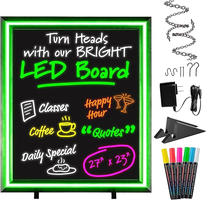 Green Light LED Message Writing Board with 8 Border Color Options, 23"L x 27"W