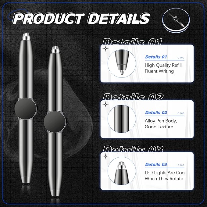 Chinco 2 Pieces Fidget Spinning Pen with LED Light Multi Functional Help Thinking Ballpoint Gift Pen for Adults Students Teenage(Gray)