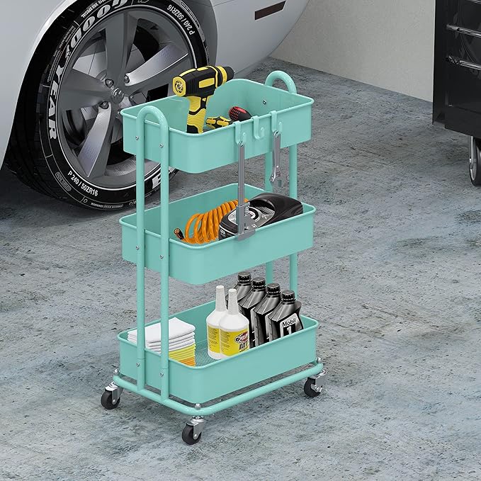 Simple Houseware Heavy Duty 3-Tier Metal Utility Rolling Cart, Turquoise